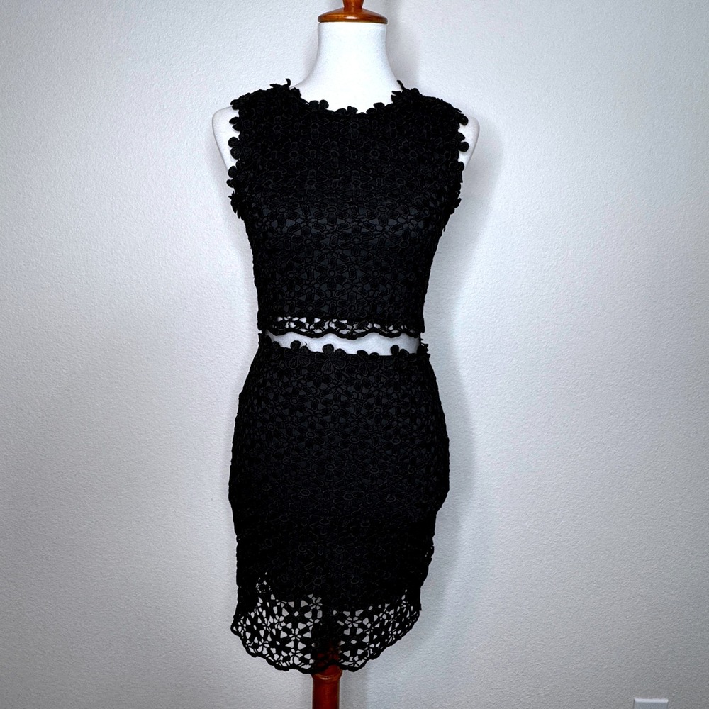 LUCY WANG Lace Bodycon Mini Dress XS Black Dark Romantic Cocktail Whimsigoth LBD